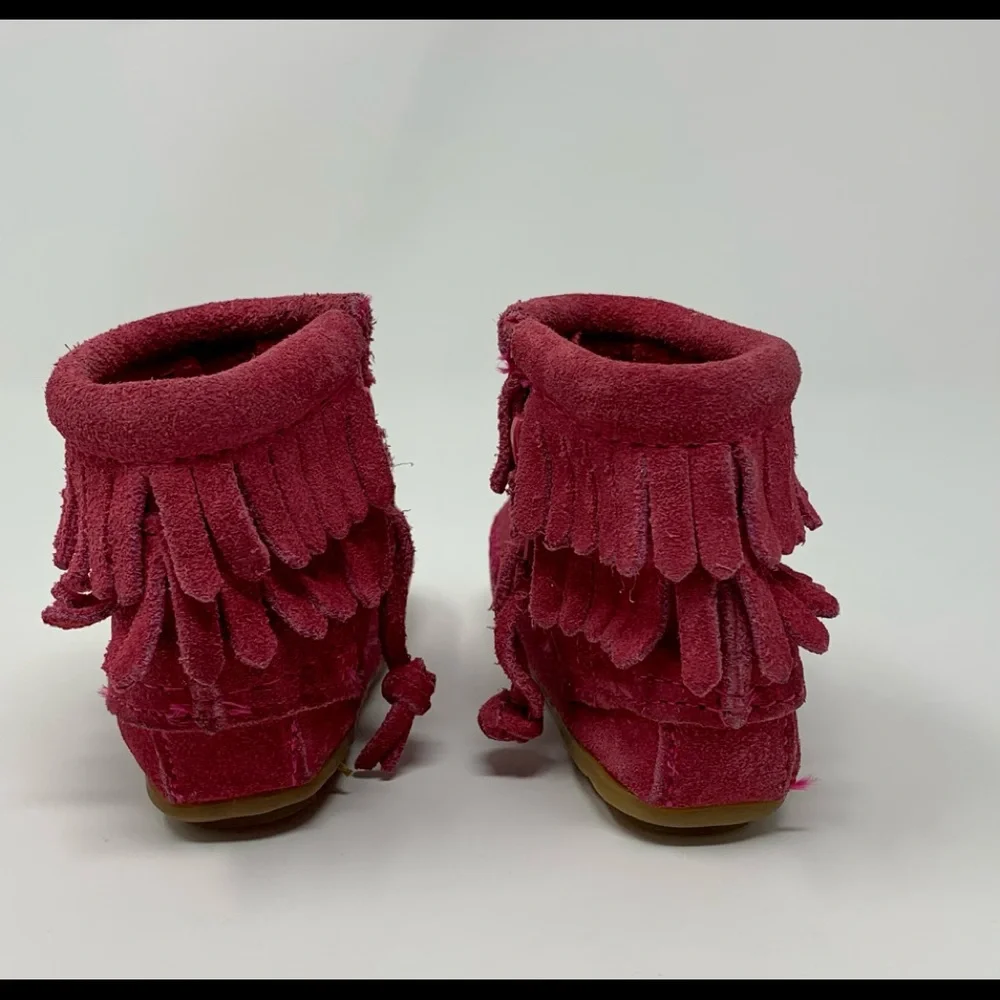 Minnetonka Baby Girls Hot Pink Suede Double Fringe Moccasin Boots Shoes Size 2